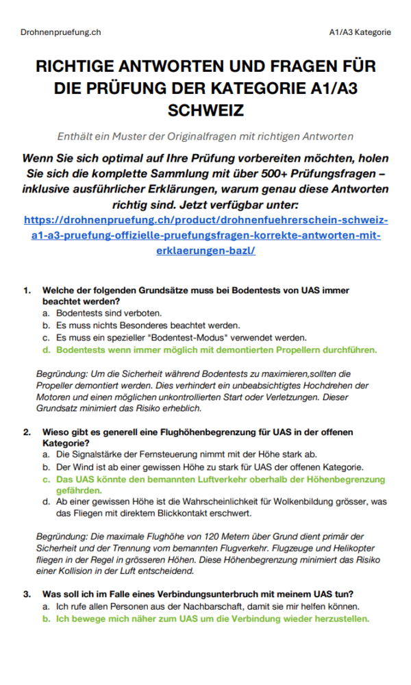 Drohnenführerschein Schweiz A1/A3 Prüfung– Offizielle Prüfungsfragen & korrekte Antworten mit Erklärungen (BAZL) - Image 2