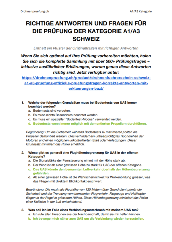 Drohnenführerschein Schweiz A1/A3 Prüfung– Offizielle Prüfungsfragen & korrekte Antworten mit Erklärungen (BAZL) - Image 2
