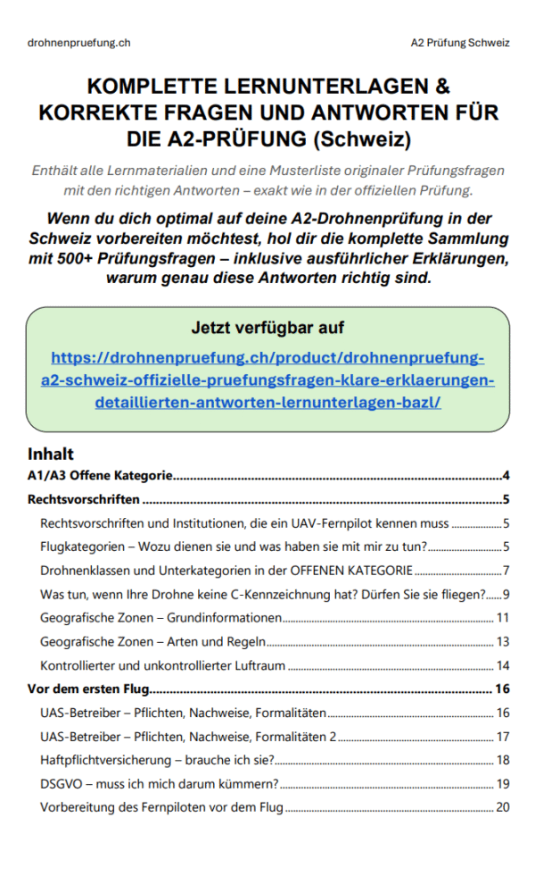 Drohnenprüfung A2 Schweiz – Offizielle Prüfungsfragen, klare Erklärungen, detaillierten Antworten & Lernunterlagen (BAZL) - Image 2