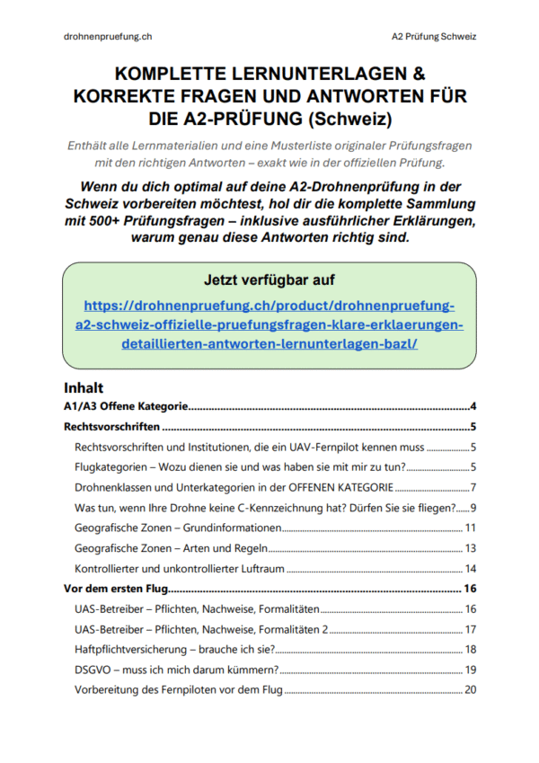 Drohnenprüfung A2 Schweiz – Offizielle Prüfungsfragen, klare Erklärungen, detaillierten Antworten & Lernunterlagen (BAZL) - Image 2
