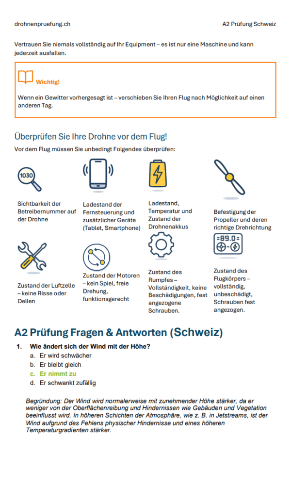 Drohnenprüfung A2 Schweiz – Offizielle Prüfungsfragen, klare Erklärungen, detaillierten Antworten & Lernunterlagen (BAZL) - Image 5